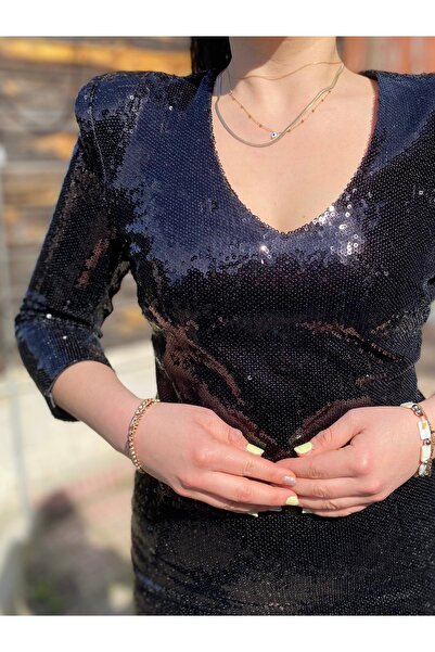 Green World Black Padded All Sequined Evening Dress