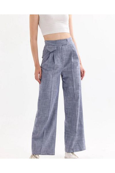 ubmbutik Women's Trousers - High Waist - Linen Fabric - Velcro Palazzo Trousers