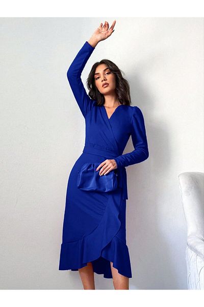 Varyete Double Breasted Collar Long Sleeve Flounced Belted Midi Length Dress Wedding Engagement Promise Graduation Wedding