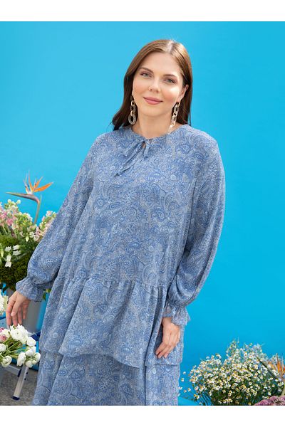 ALİA Plus Size Floral Patterned Chiffon Hijab Dress - Blue Patterned - Alia