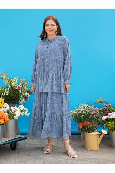 ALİA Plus Size Floral Patterned Chiffon Hijab Dress - Blue Patterned - Alia