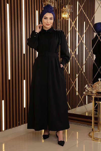 Modamihram Stone Detailed Belted Dress Black 19115
