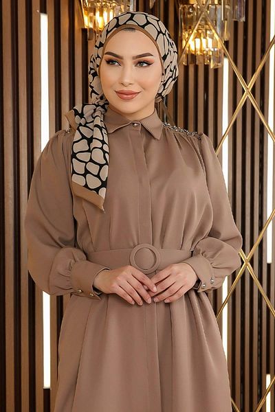 Modamihram Stone Detailed Belted Dress Mink 19115