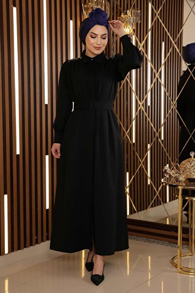 Modamihram Черна рокля с колан с детайли от камъни 19115
