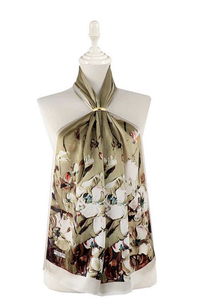 Bursa İpek Khaki Anemone Pattern Silk Scarf