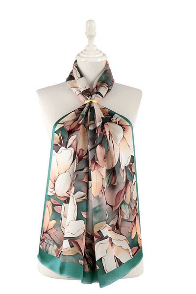 Bursa İpek Green Silk Scarf - Daffodil Pattern