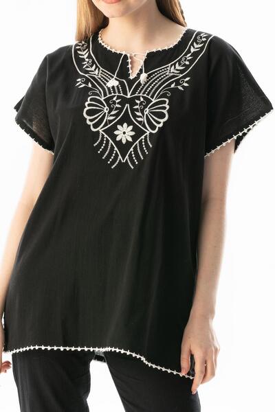 Eliş Şile Bezi Short Sleeve Şile Cloth Naz Summer Blouse Black Syh