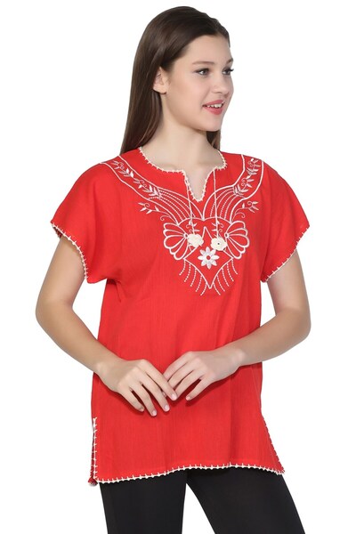 Eliş Şile Bezi Kısa Kol Şile Bezi Naz Yazlık Bluz Kırmızı Krmz