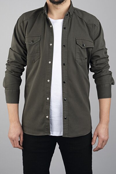 YXC Slim Fit Slim Cut Men's Denim Shirt Khaki