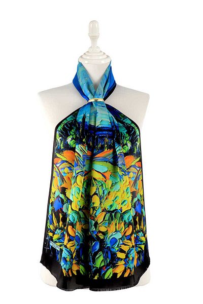 Bursa İpek Blue Floral Patterned Silk Scarf