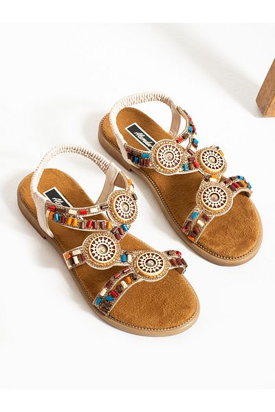 Alemdar Shoes Γυναικεία σανδάλια EDWARD - Κρεμ χρώμα, λεπτομέρεια με χάντρες