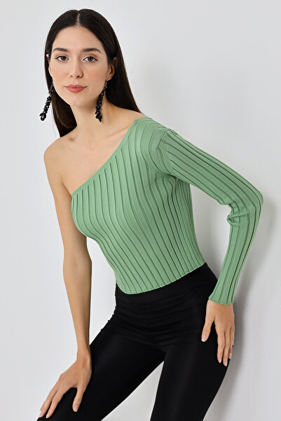 Devinka Ženska bluza od pletiva sa jednim ramenom i visokim strukom, zelena