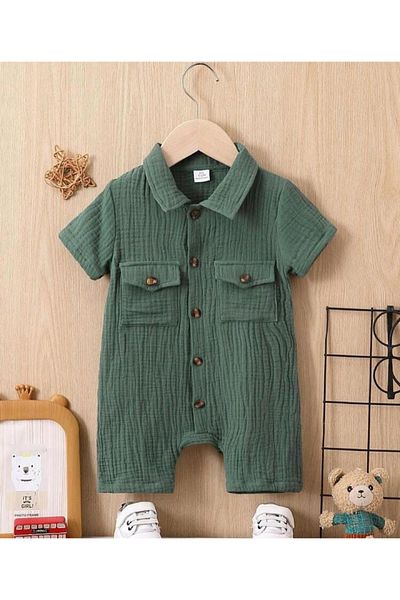 Bubito Unisex Baby&Child 100% Cotton Wooden Buttoned Pocket Muslin Jumpsuit-Green