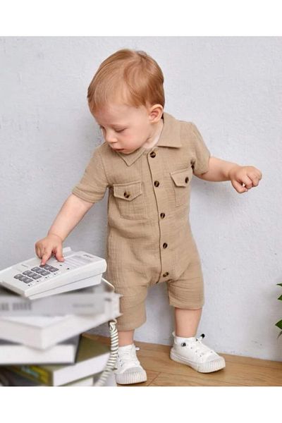 Bubito Unisex Baby&Child 100% Cotton Wooden Buttoned Pocket Muslin Jumpsuit-Beige