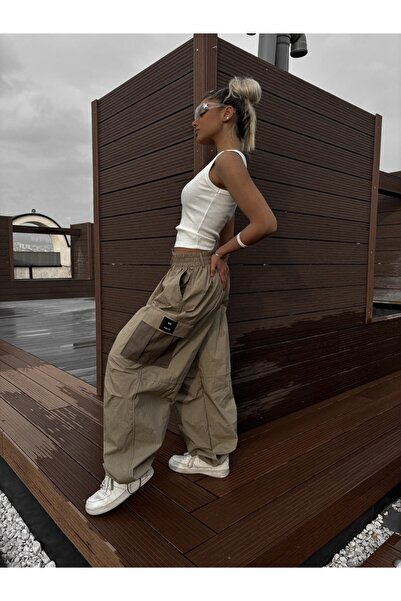 Alien 1979 Haki beli lastikli kargo cepli bol kesim paraşüt pantolon