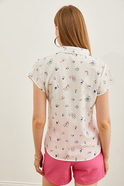 Olalook Women's Ecru Fuchsia Patterned Linen Bat Shirt GML-19001205