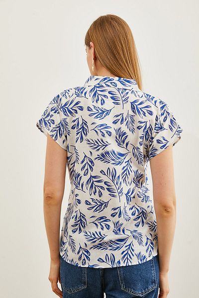 Olalook Women's Leaf Navy Blue Patterned Linen Bat Shirt GML-19001205