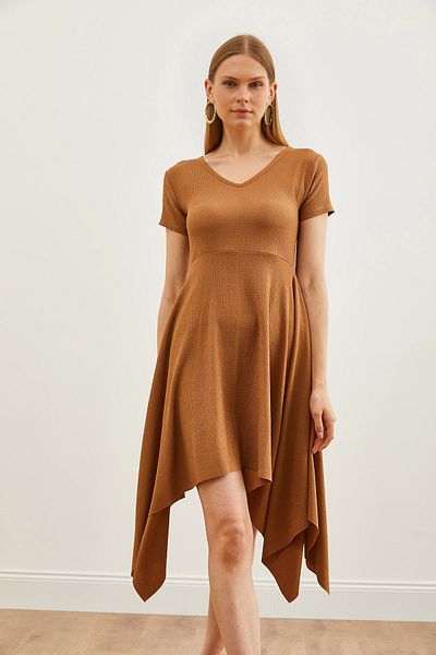 Olalook Women's Camel Skirt Asymmetrical Short Sleeve Dress ELB-19002150