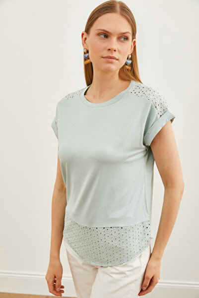 Olalook Γυναικείο Μπλουζάκι Water Green Guipure Detailed TSH-19000190