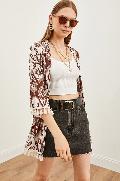 Olalook Lässiger Strickkimono mit Fransen im Ethno-Stil für Damen, braun KMN-00000056