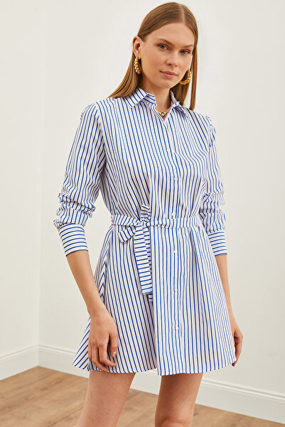 Olalook Kadın Lacivert Beyaz Çizgili Kuşaklı Mini Gömlek Elbise ELB-19002145