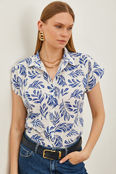 Olalook Women's Leaf Navy Blue Patterned Linen Bat Shirt GML-19001205