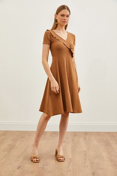 Olalook Women's Camel Double Breasted Collar Ruffle Detailed Mini Dress ELB-19002149