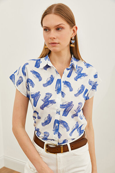 Olalook Women's Brush Navy Blue Patterned Linen Bat Shirt GML-19001205