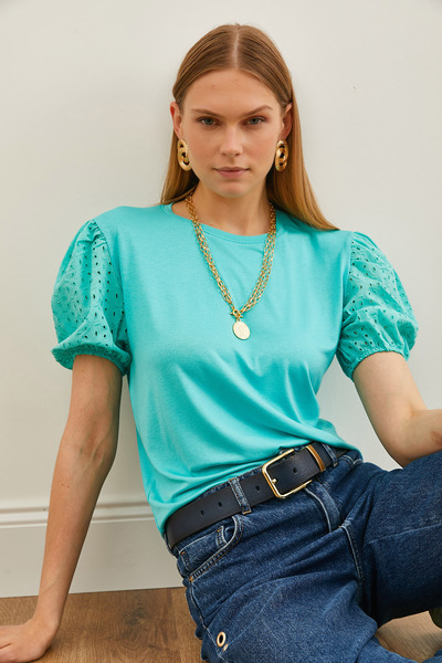 Olalook Γυναικεία μέντα με πράσινο μανίκι μπαλόνι χτένι Λεπτομερής πλεκτή μπλούζα βισκόζης BLZ-19002598