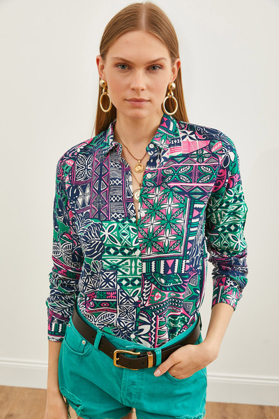 Olalook قميص فيسكوز منسوج منقوش باللون الأخضر للنساء GML-19001204