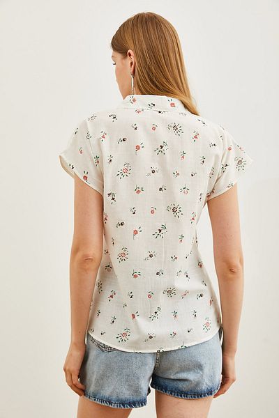 Olalook Women's Ecru Coral Patterned Linen Bat Shirt GML-19001205