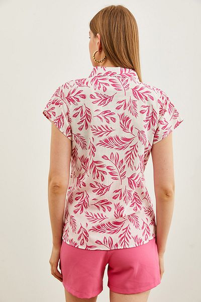 Olalook Women's Leaf Fuchsia Patterned Linen Bat Shirt GML-19001205