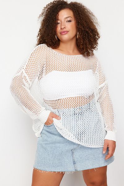 Trendyol Curve Ecru Openwork/Pierced Low Shoulder Knitwear Sweater TBBSS24AN00001