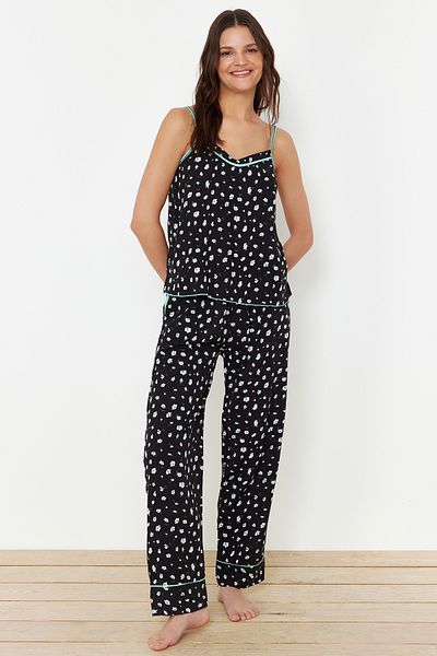 Trendyol Collection Rope Strap Black Floral Patterned Cotton Pajamas Set - THMSS24PT00305