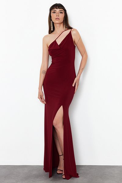 Trendyol Collection Μπορντό με λουράκι Λεπτομερές πλεκτό μακρύ κομψό βραδινό φόρεμα TPRSS24AE00165