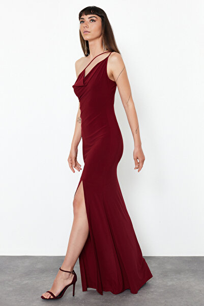Trendyol Collection Burgundy Strap Detailed Knitted Long Elegant Evening Dress TPRSS24AE00165