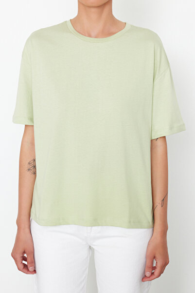 Trendyol Collection Μέντα 100% βαμβακερή πλάτη κεντημένη χαλαρή/φαρδιά χαλαρή εφαρμογή πλήρους λαιμόκοψης πλεκτό T-shirt TWOSS20TS0121
