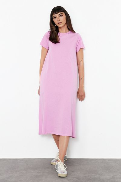 Trendyol Collection Rosa Midi-Strickkleid - Schlichte T-Shirt-Tasche, TWOSS24EL00169