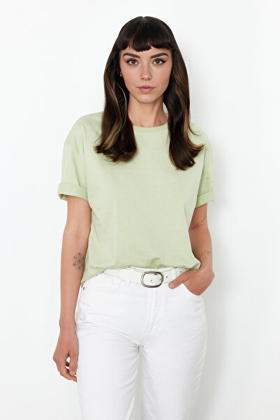 Trendyol Collection Μέντα 100% βαμβακερή πλάτη κεντημένη χαλαρή/φαρδιά χαλαρή εφαρμογή πλήρους λαιμόκοψης πλεκτό T-shirt TWOSS20TS0121