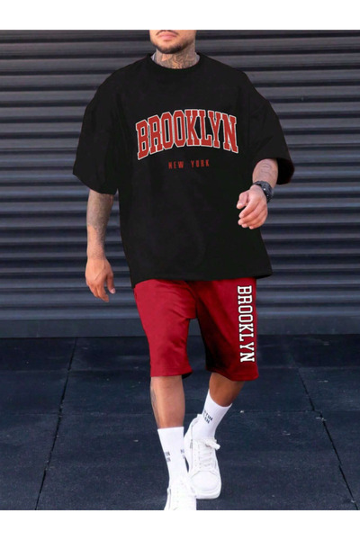 Revasser Unisex Women/Men Black Red BROOKLYN Custom Printed Shorts T-shirt Set