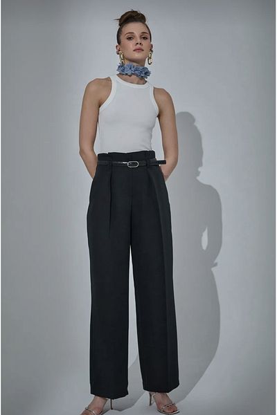 Quzu High Waist Wide Leg Trousers with Belt Detail
