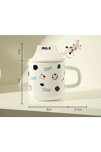 Coverzone Sevimli İnek Milk  Figürlü Kapaklı Cam Pipetli Kupa Mug Hediyelık  ...