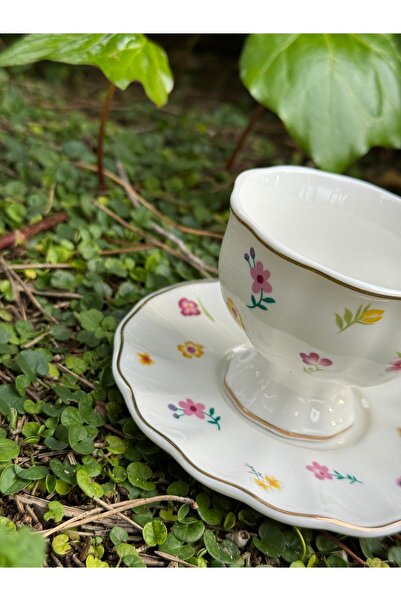 ACAR Camilla 6-Piece White Flower Patterned 90ml Turkish Coffee Cup Set