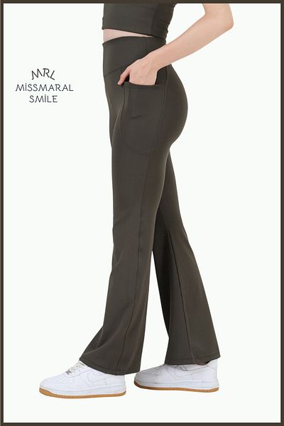 missmaral Women's Khaki Color Spanish Leg Leggings Double Pocket High Waist Recovery Khaki Bootcut105301