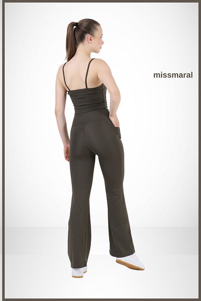 missmaral Women's Khaki Color Spanish Leg Leggings Double Pocket High Waist Recovery Khaki Bootcut105301