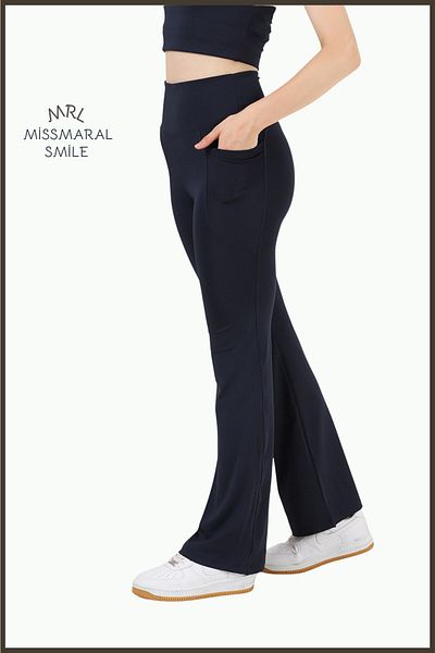 missmaral Women's Navy Blue Spanish Leg Leggings Double Pocket High Waist Recovery Dark Blue Bootcut105301