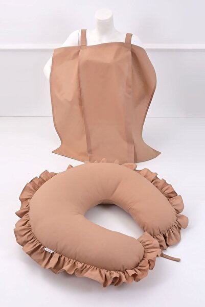 Umaybebek Emzirme Yastığı, Emzirme Önlüğü Set - Pamuklu Kumaş - Kahve Fırfırlı