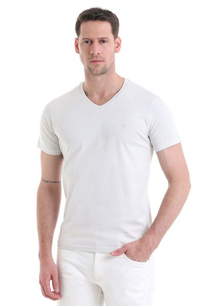 Hatemoğlu Gray V-Neck Regular Fit Cotton T-Shirt