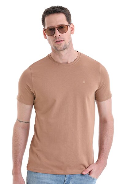 Hatemoğlu Βαμβακερό πλεκτό μπλουζάκι σε μπεζ λαιμόκοψη - κανονική εφαρμογή