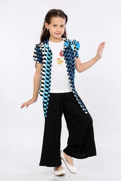 MORNIO Set 3 piese pentru fete, cămașă cu cravată, tricou și pantaloni cu picioare largi MRN2424